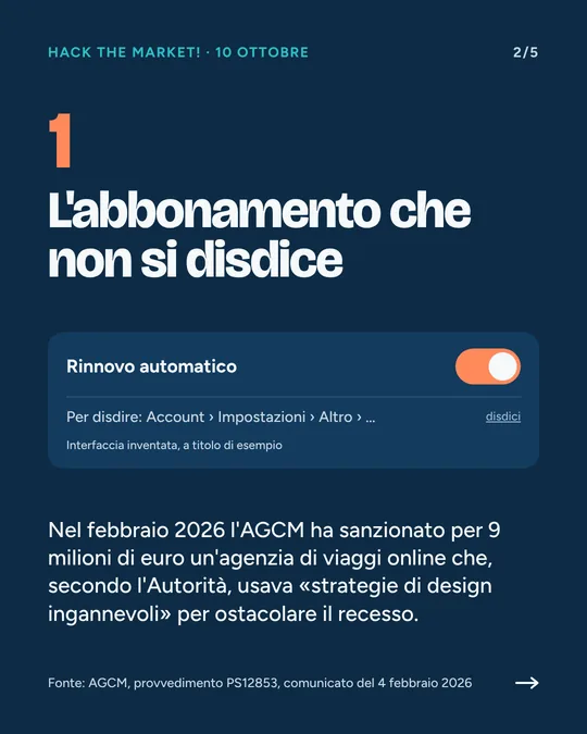 Trucco 1, l'abbonamento che non si disdice: nel febbraio 2026 l'AGCM ha sanzionato per 9 milioni di euro un'agenzia di viaggi online che, secondo l'Autorità, usava strategie di design ingannevoli per ostacolare il recesso. Fonte: AGCM, provvedimento PS12853.